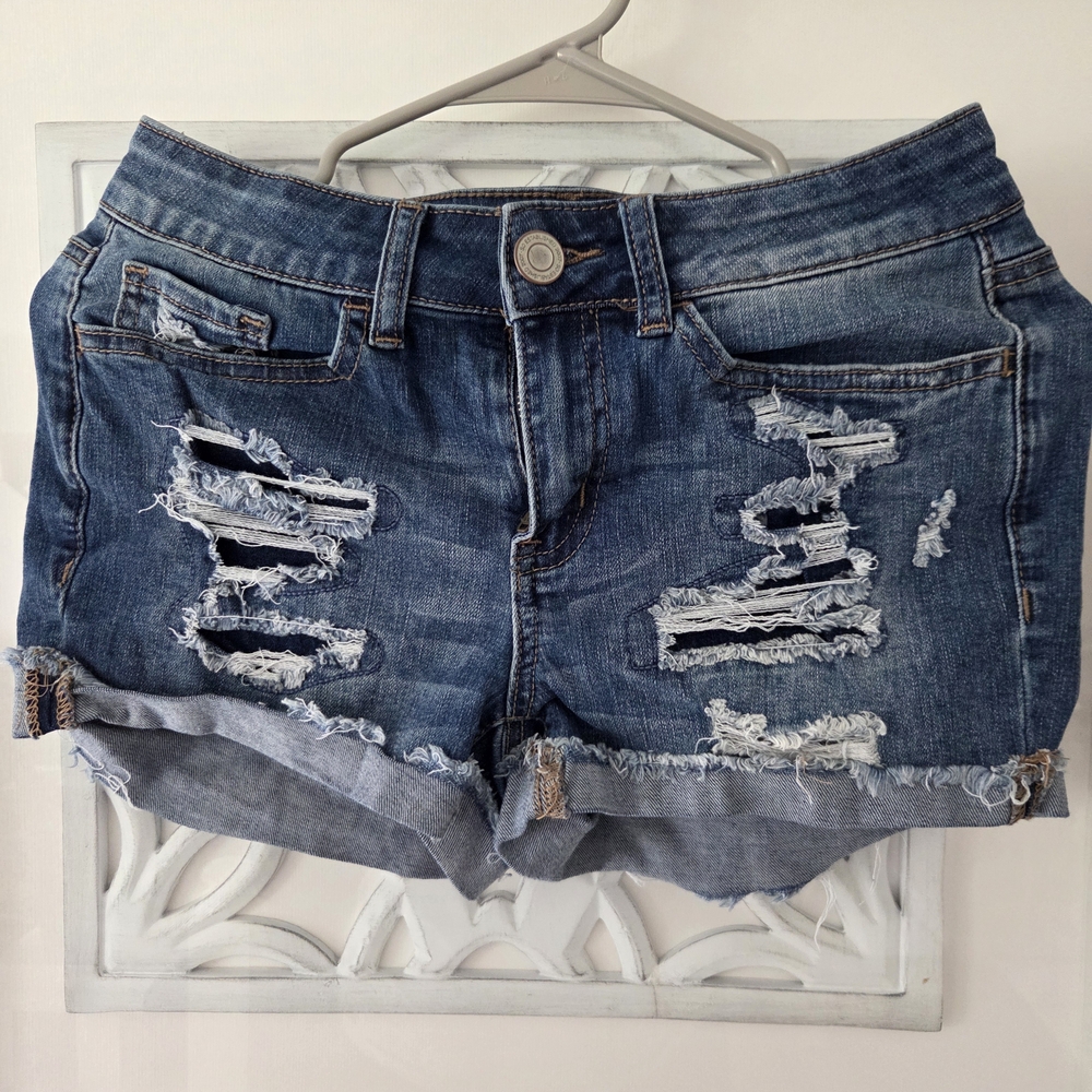 SO Blue Distressed Jean Shorts with Frayed Hem